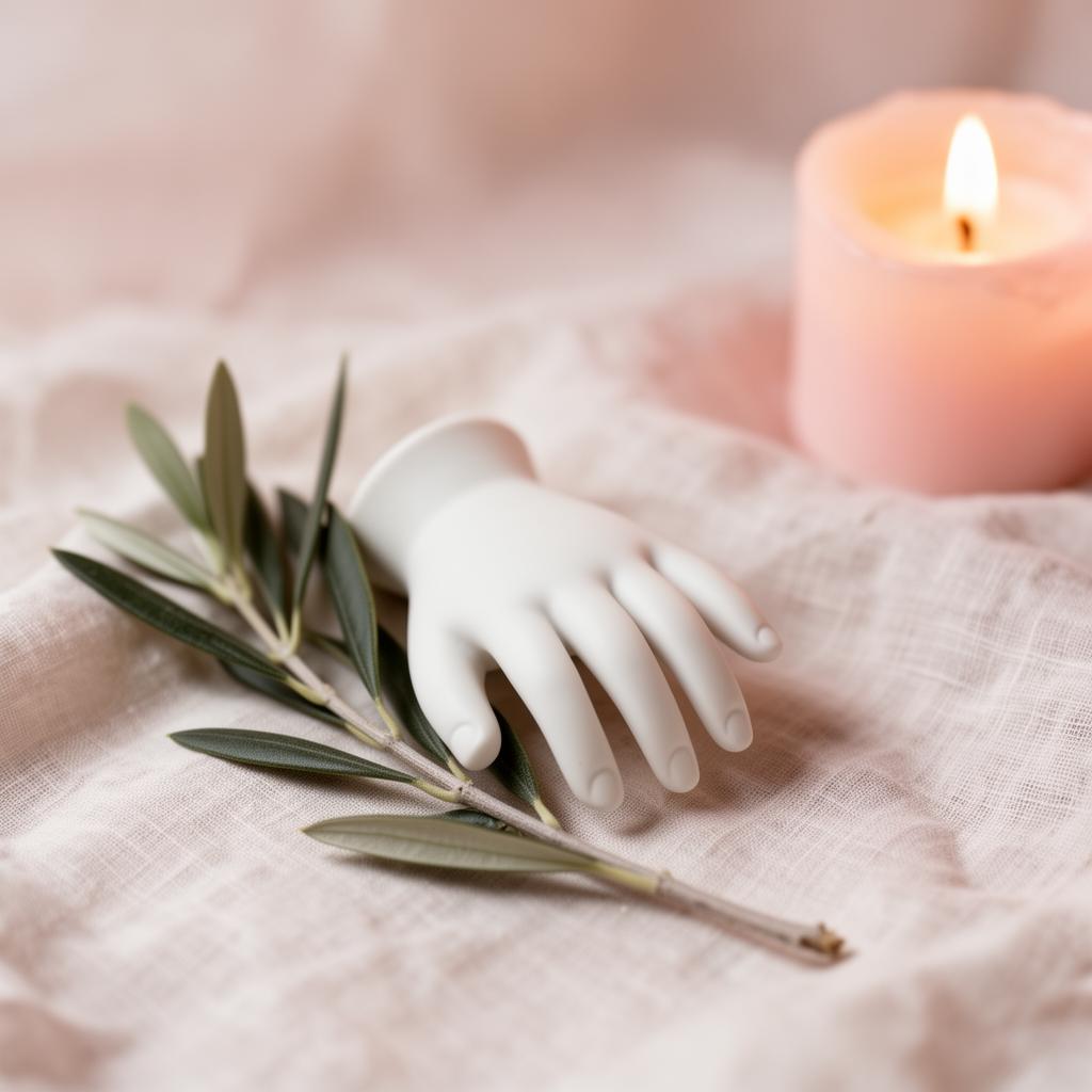 Doll hand resting on linen with olive branch and candle