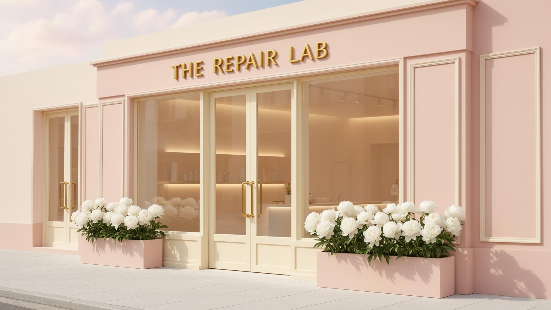 The Broken Doll Repair Lab — a cozy vintage main street storefront with striped awning and warm window glow